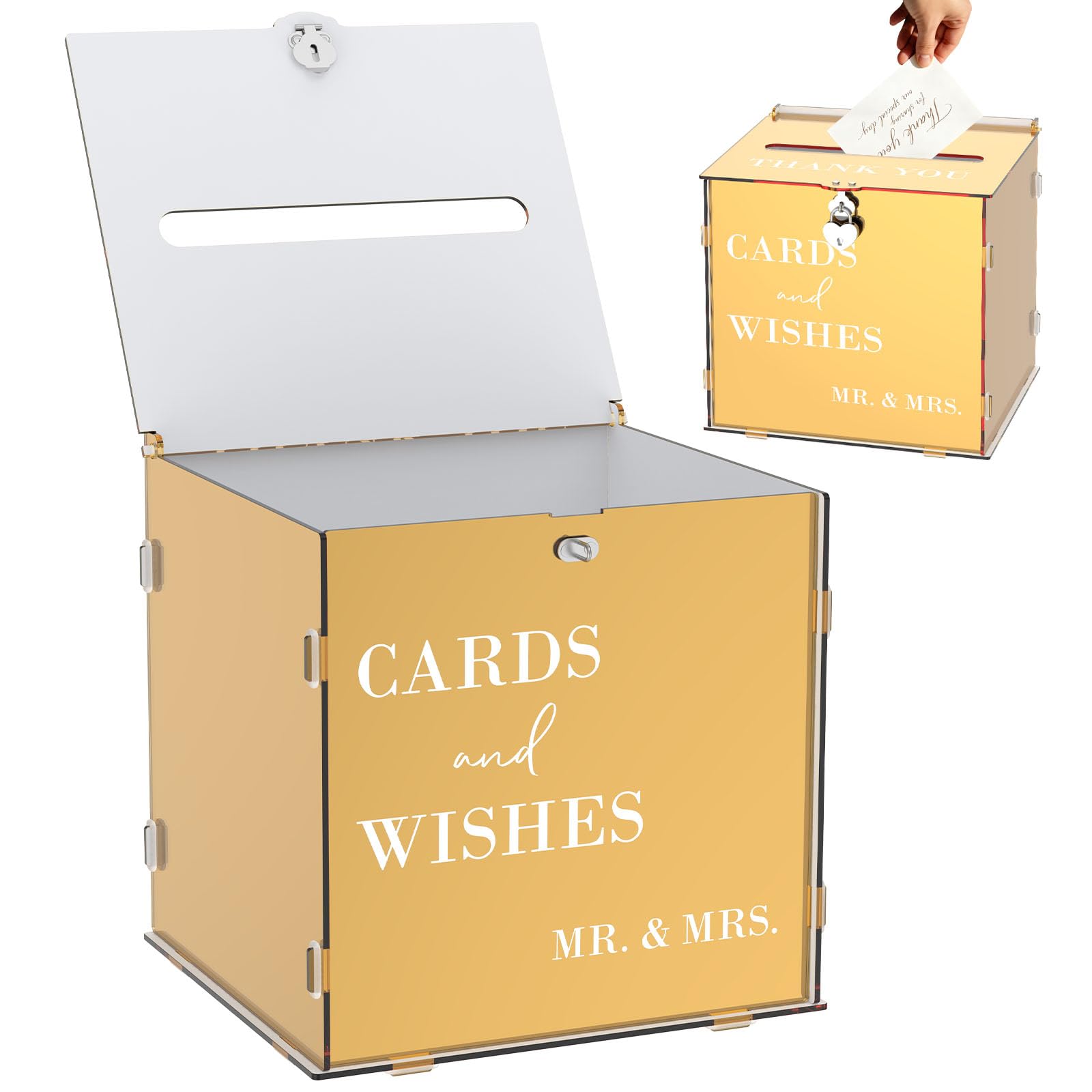 Wedding Card Box with Heart Lock and Key, Mirror Decorative Wedding Post Box for Cards and Gifts, Cards and Wishes" Gift Money Holder for Bride and Groom, Easy Assembly DIY Wishing Well(golden)