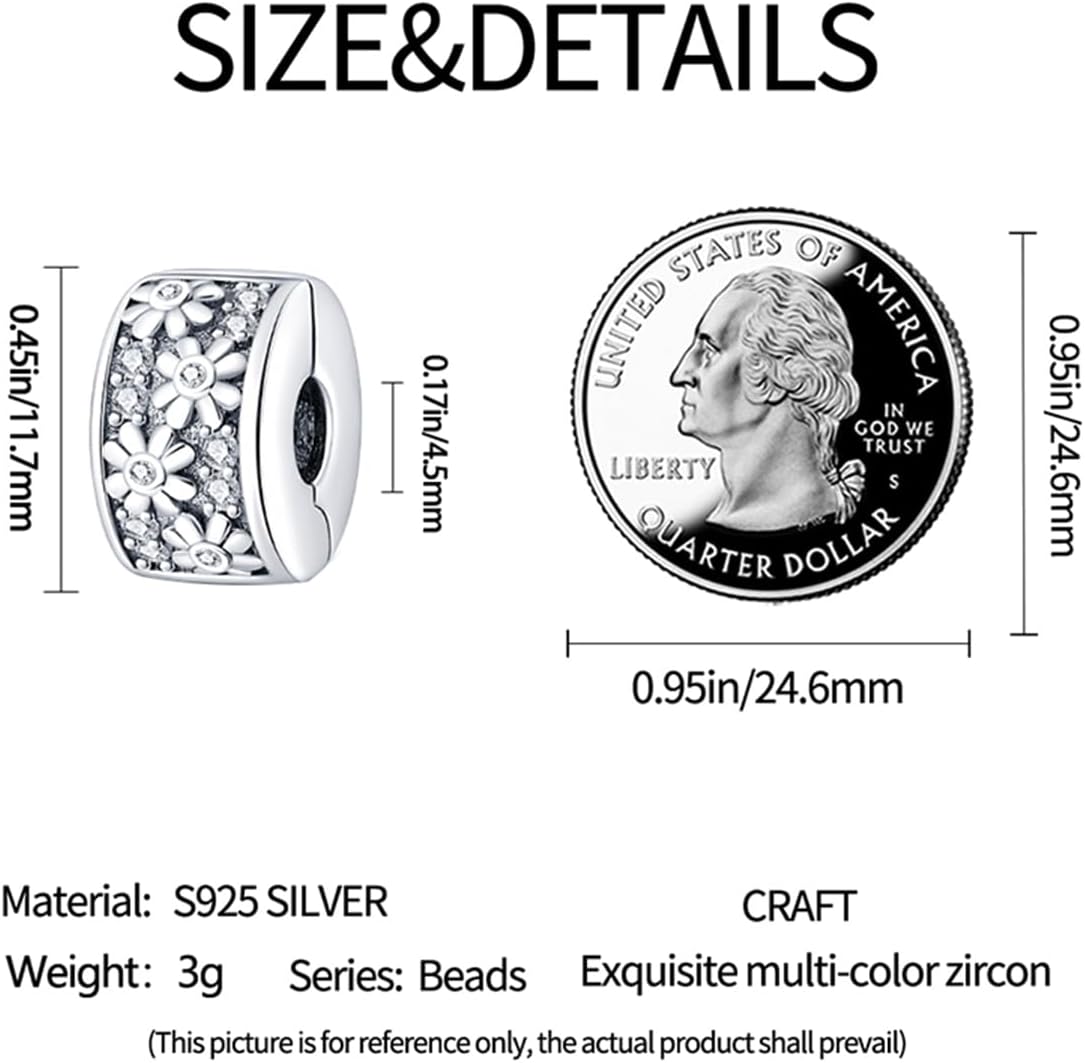 LONGLUCK 925 Sterling Silver Stopper Clip Charms for Bracelet Necklace Spacer Beads with 5A Cubic Zirconia Mother's Day Christmas DIY Gift for Women(2PCS) - Image 5