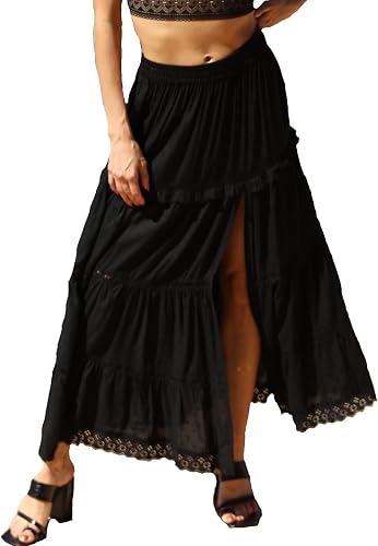 Angie Women's Maxi Skirt with Eyelets and High Slit Black