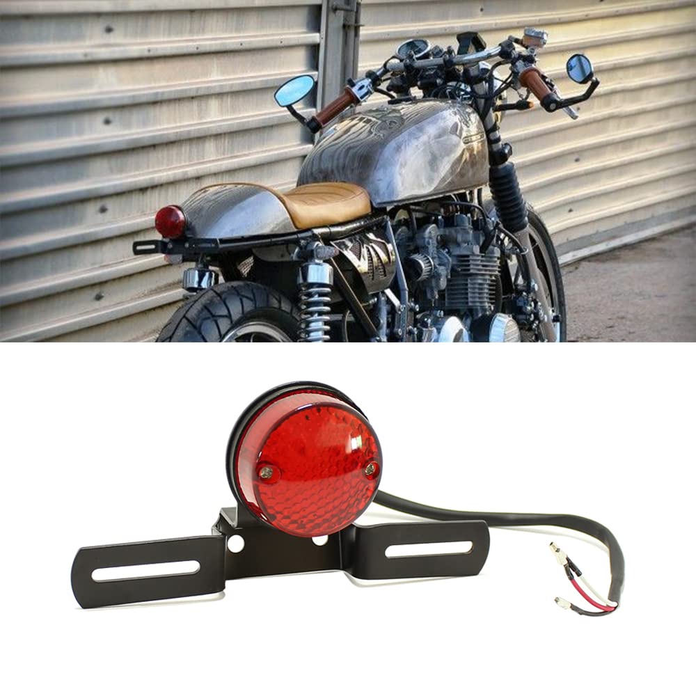 DREAMIZER Motorcycle LED Tail Light with License Plate Bracket Holder Retro Rear Lamp for Custom Bobber Chopper Cafe Racer CB 500 600 750 - Round
