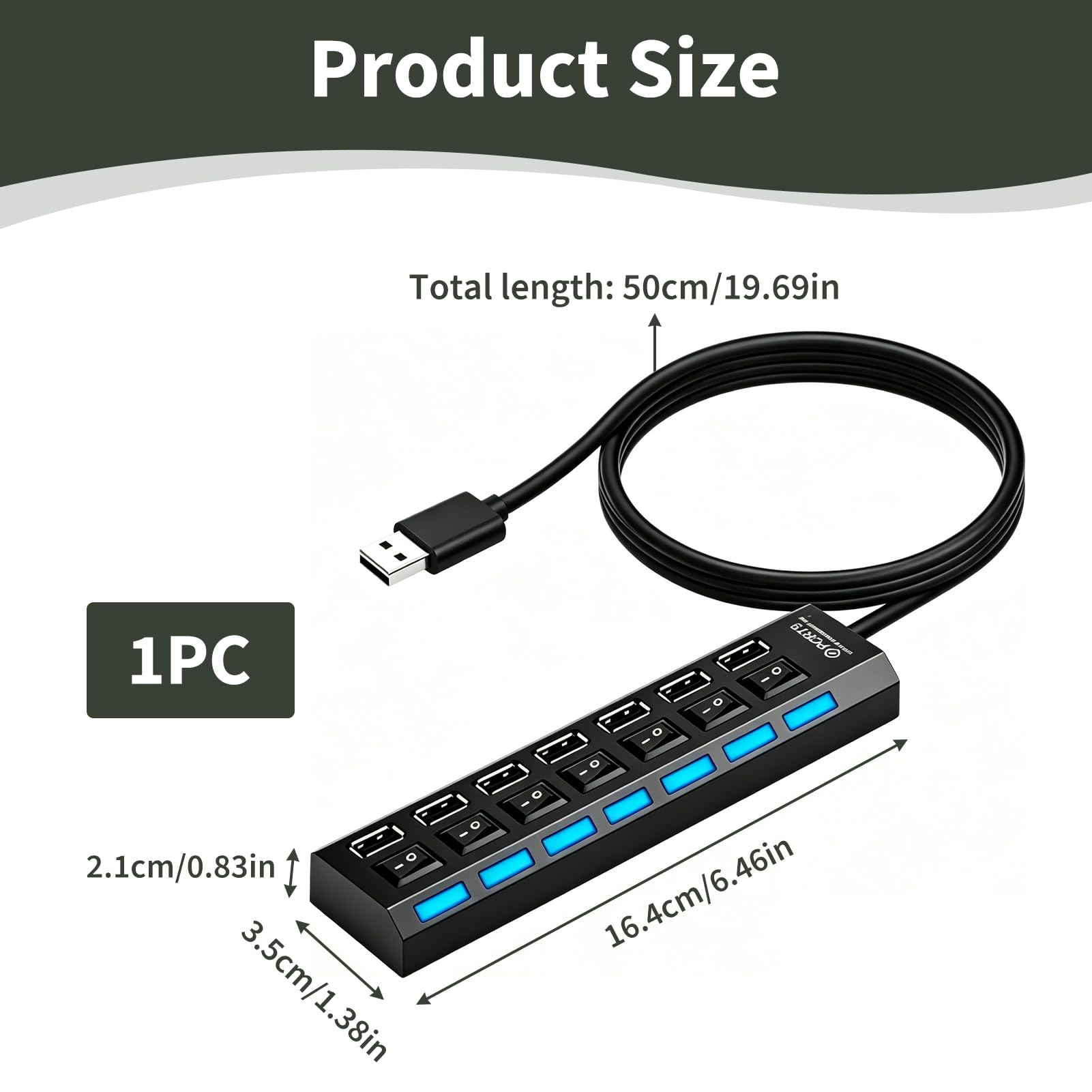 Hub USB a 7 porte, Hub con Interruttori LED Individuali, Hub Multipresa USB 2.0 per PC Mac Laptop Mouse Tastiera Hard Disk, Stampante, Trasferimento Dati 480 Mbps, Compatto e Portatile