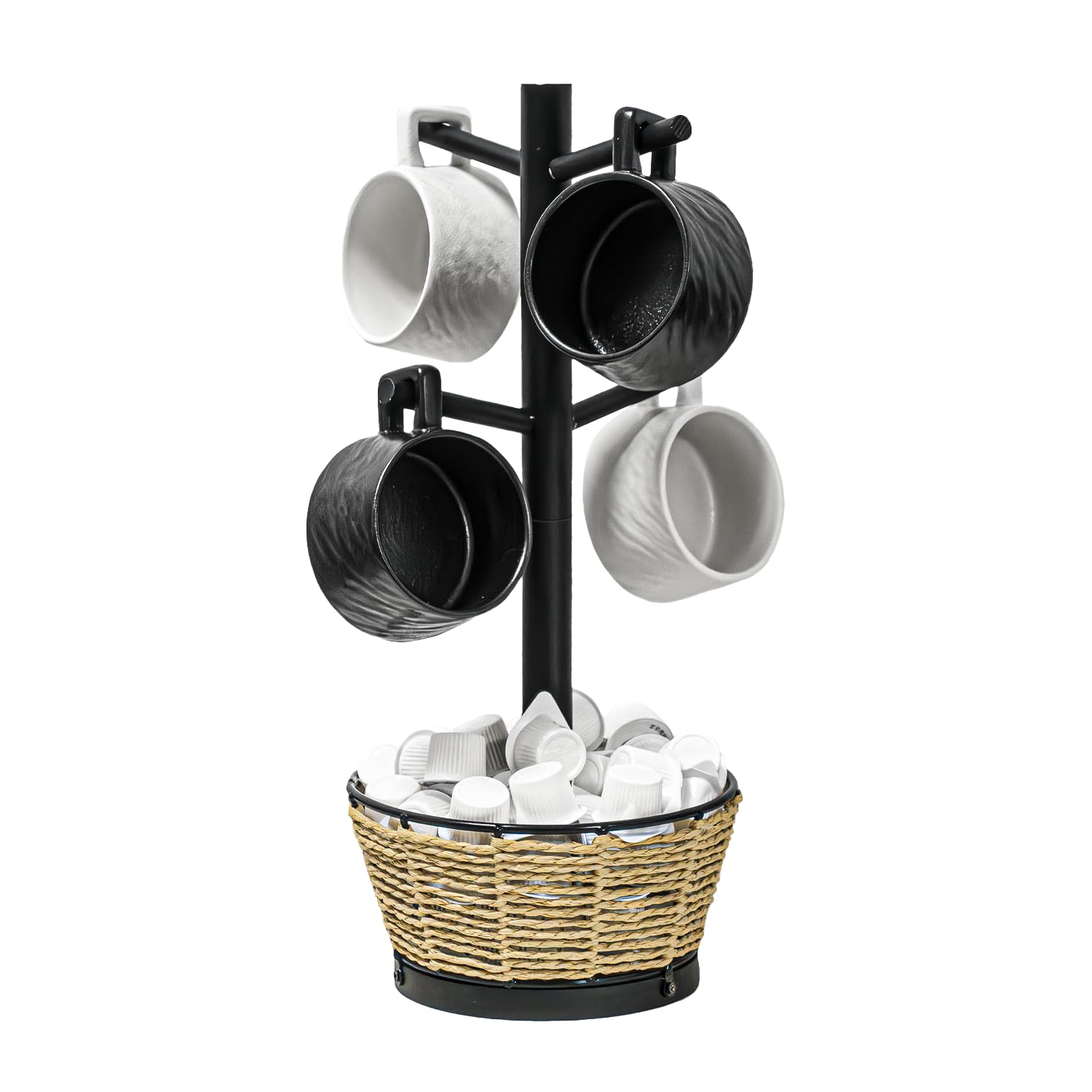 Soporte para tazas de madera con cesta tejida, 6 ganchos, soporte para tazas de café, árbol de taza de encimera para encimera de cocina, gabinete, accesorios de cafetería, organizador de exhibición de