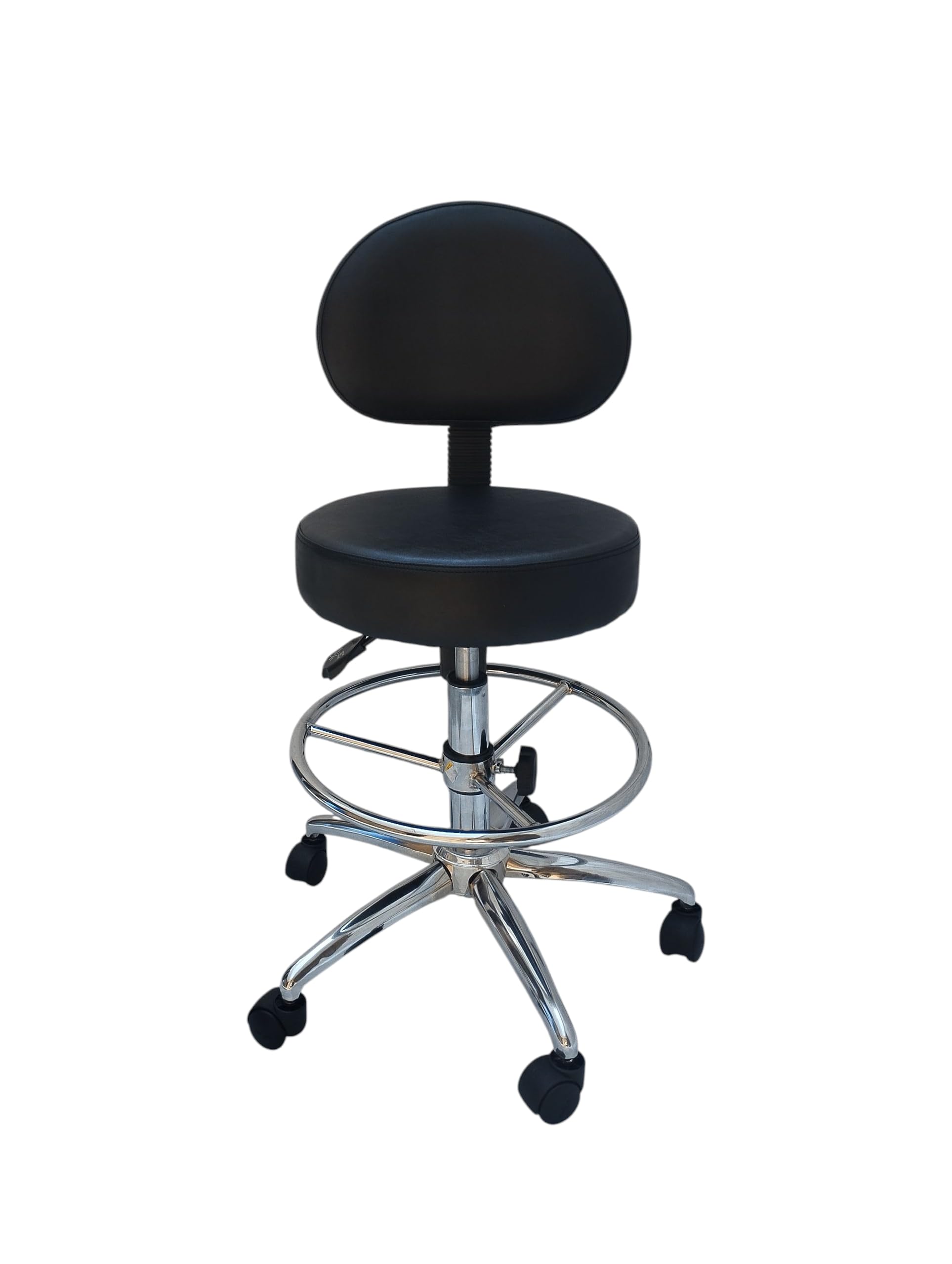 Adjustable Rolling Stool with Backrest, Chrome Base, Black Cushioned Seat, 5 Wheels