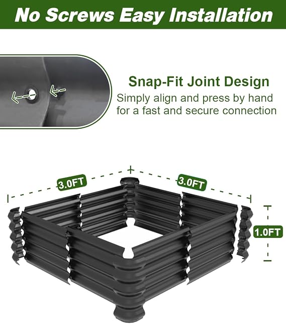 3x3x1ft Raised Garden Bed Kit for Outdoors, Rustproof PP Raised Planter Box, Large Garden Box Flower Bed with Press-Fit Assembly, Gardening Containers for Vegetables Flowers Herbs, Balck