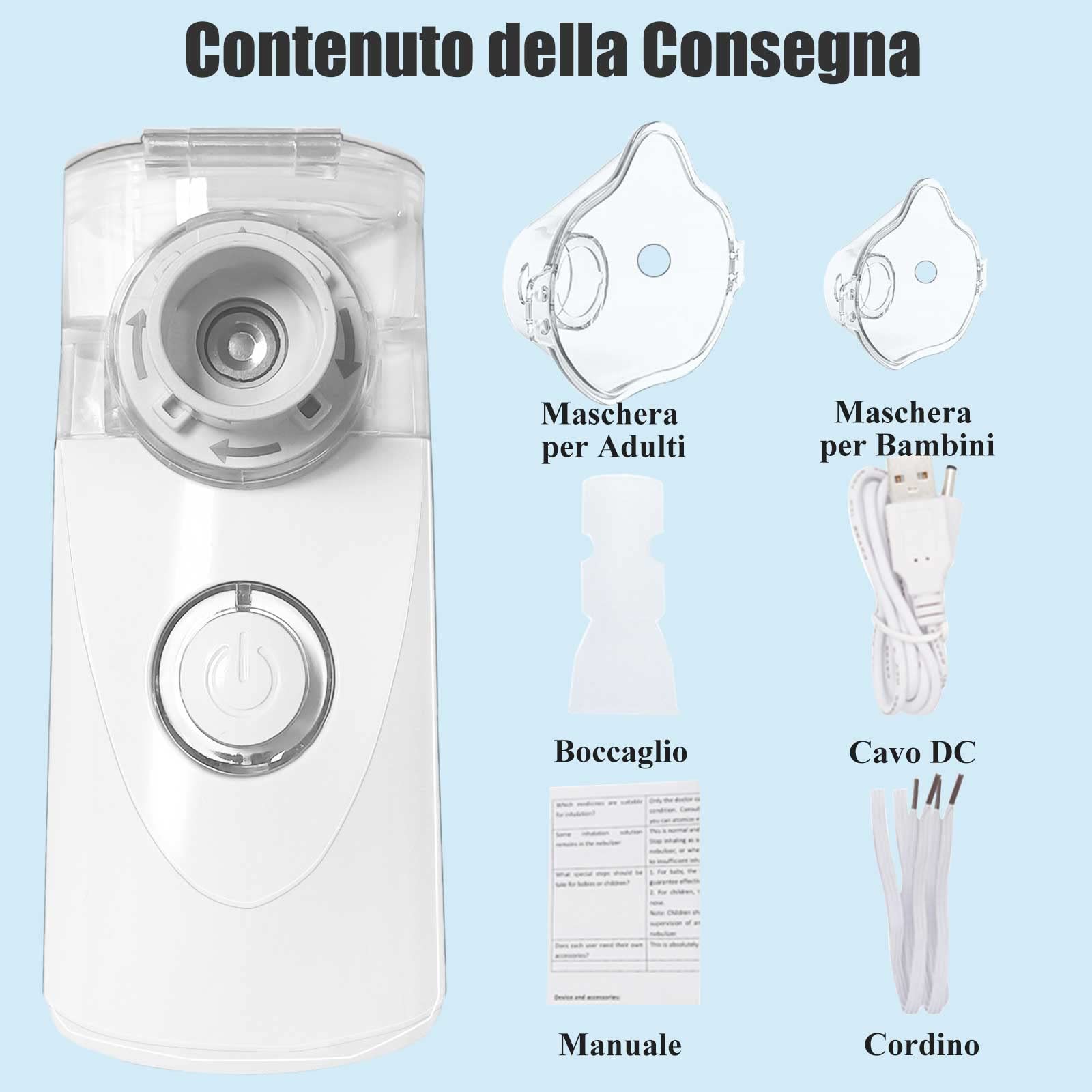 Wholede Aerosol Portatile, Aerosol Ultrasuoni Silenzioso, Nebulizzatore Inalatore Silenzioso Portatile con 2 Maschera e 1 Boccaglio,Aerosol Silenziosi per Adulti e Bambini, USB-C Ricaricabile(Blu)