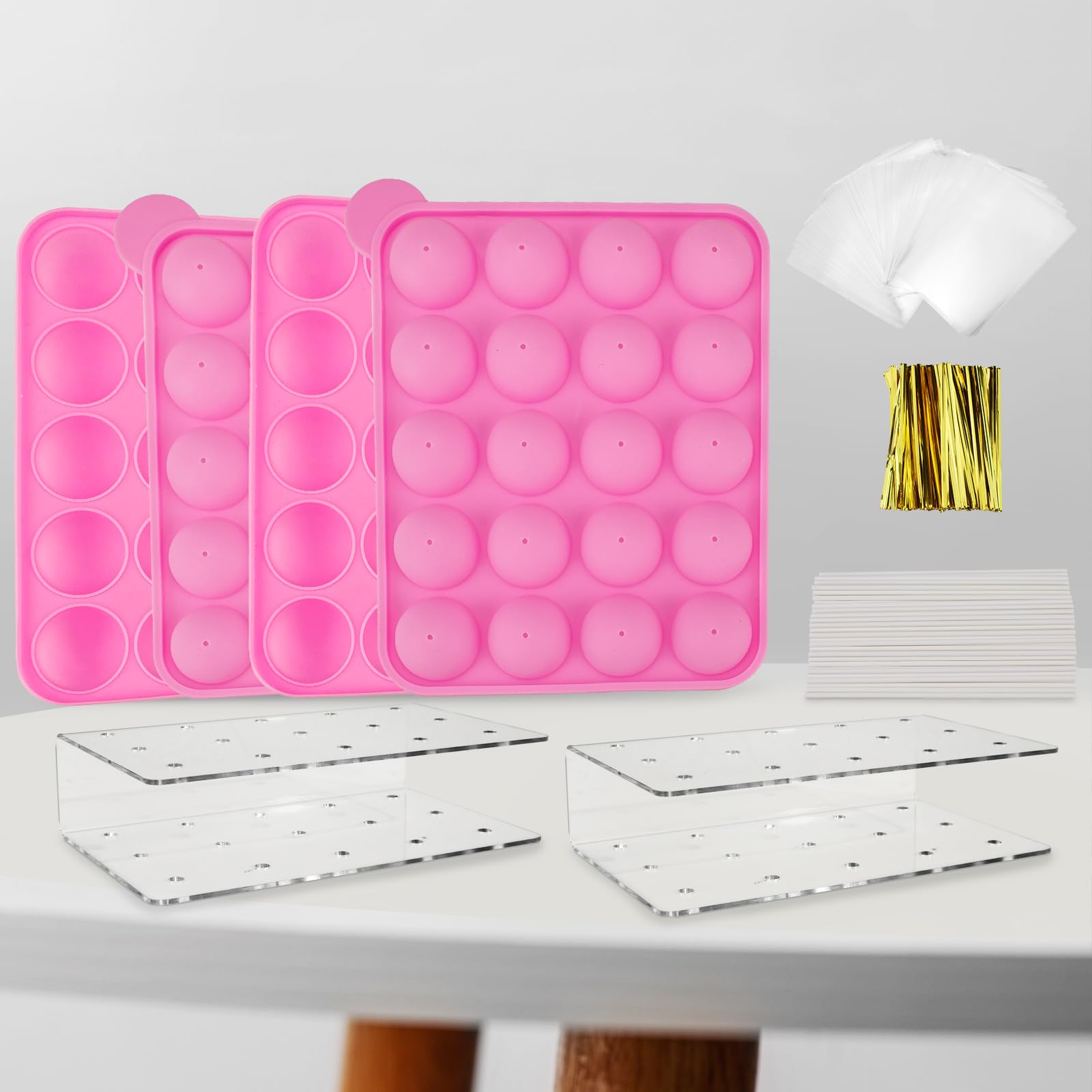 304 Pièces Sucette Moule Cake Pop Maker avec 2 Support Gateau Bonbon En Acrylique à 15 Trous, 2 Moule Bonbon En Silicone, 300 Bâtons à Sucettes/Sacs Transparents/Attaches Dorées Pour Fêtes