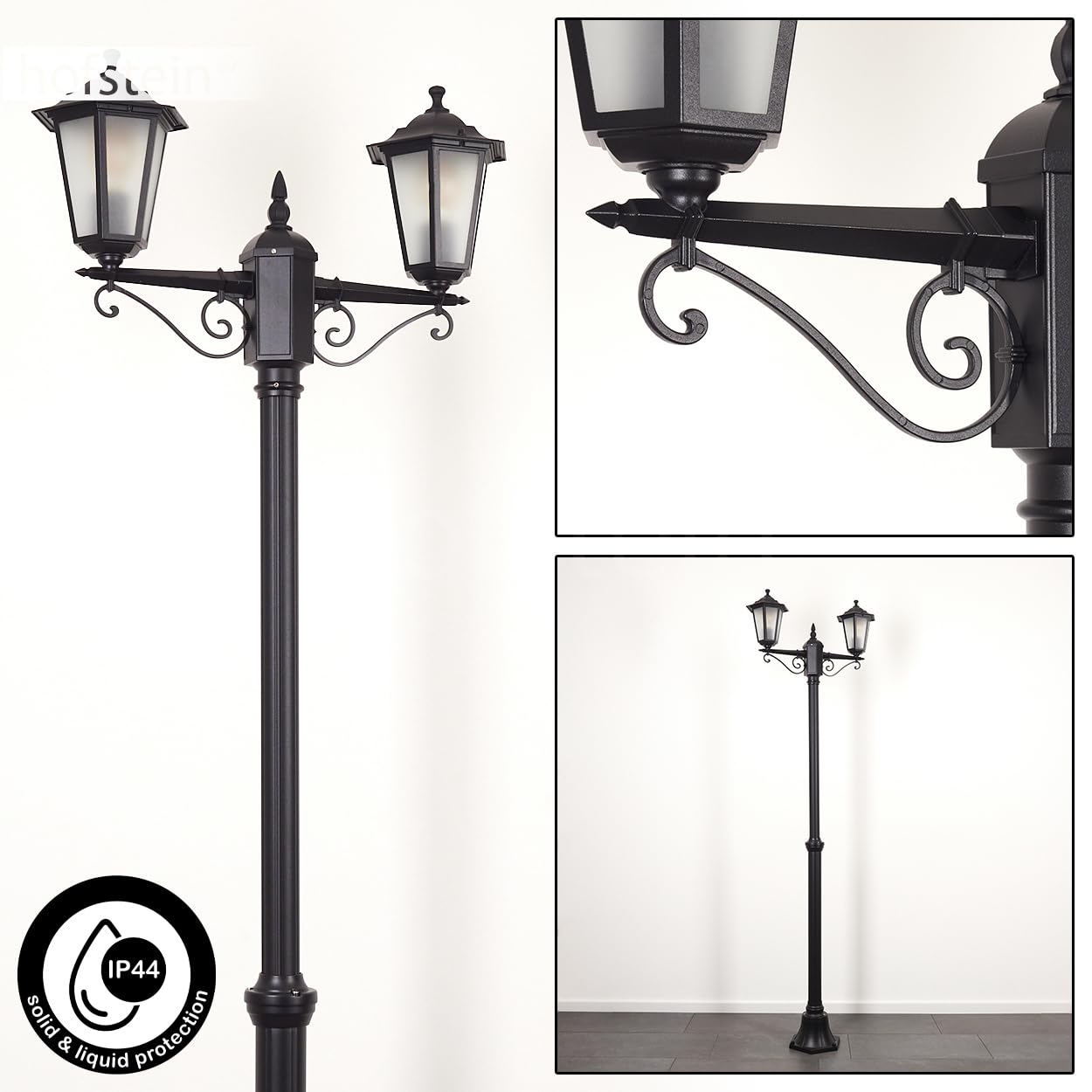 HOFSTEIN Lampa zewnętrzna Loria, oświetlenie ścieżki z metalu/szkła mlecznego w kolorze czarnym/białym, kandelabr 2-punktowy w antycznym stylu, wysokość maks. 200 cm, oświetlenie ogrodowe IP44, 2 x