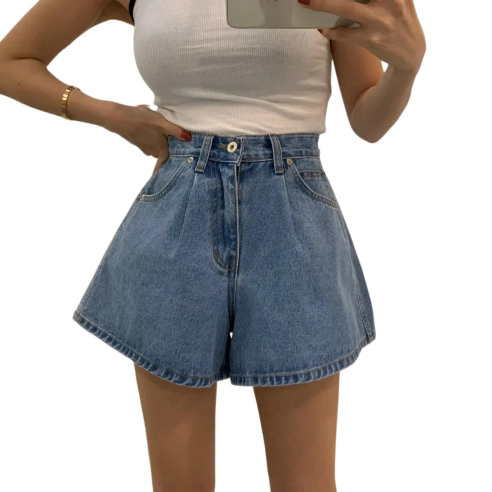 Short en jean femmes taille haute large jambe amincissant effet plissé avant l