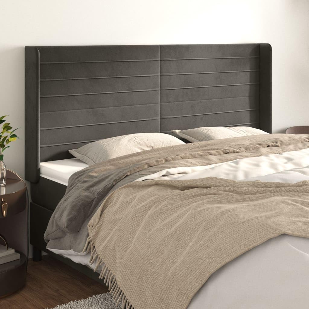 Cabecero de terciopelo con orejas, 163 x 16 x 118/128 cm, altura ajustable, gris oscuro, panel trasero para dormitorio y habitación juvenil