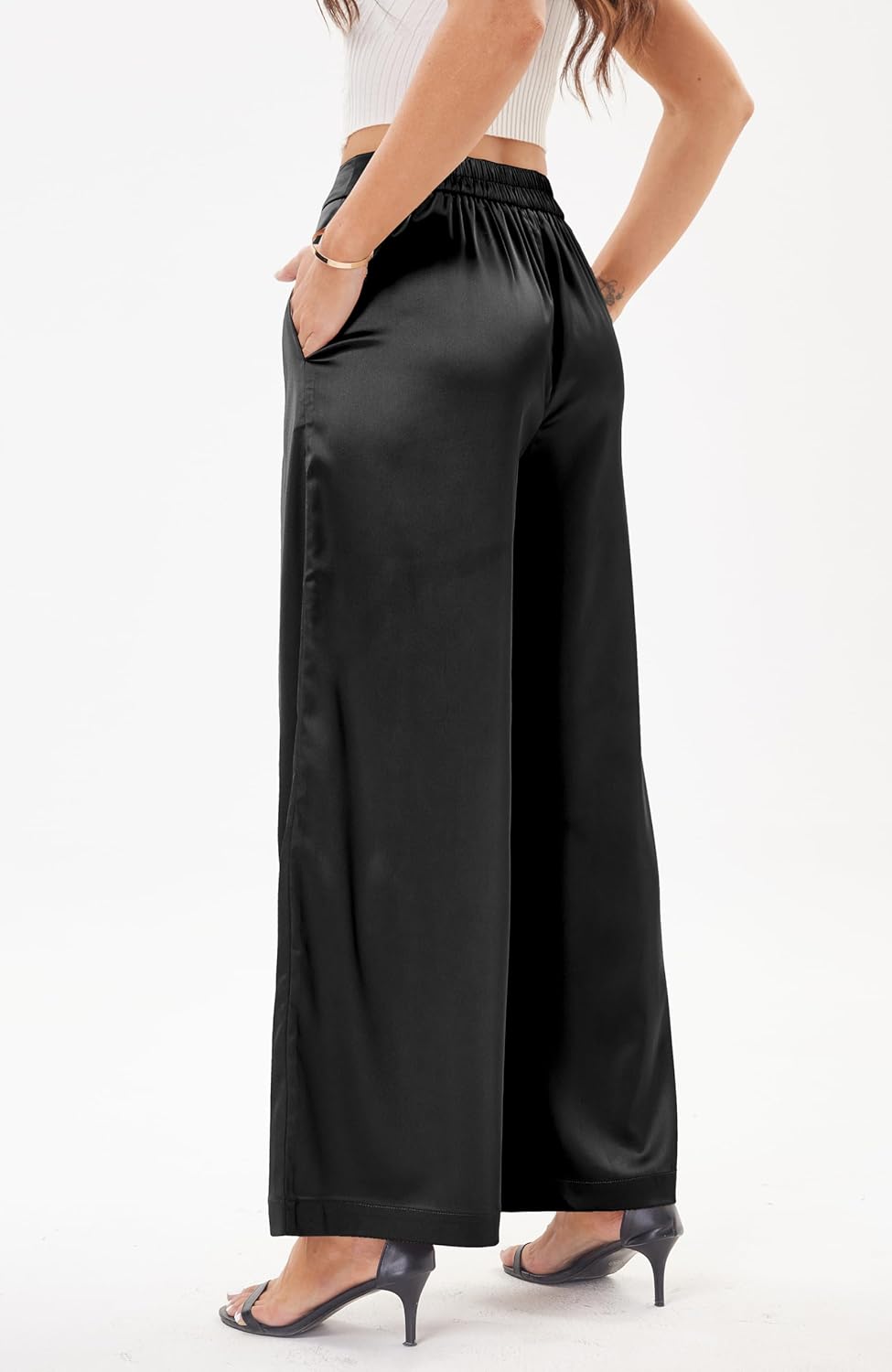 Fakanhui Women's Wide Leg Palazzo Pants Satin Work Business Casual Slacks Dressy Pleated Party Club Trouser - Image 3