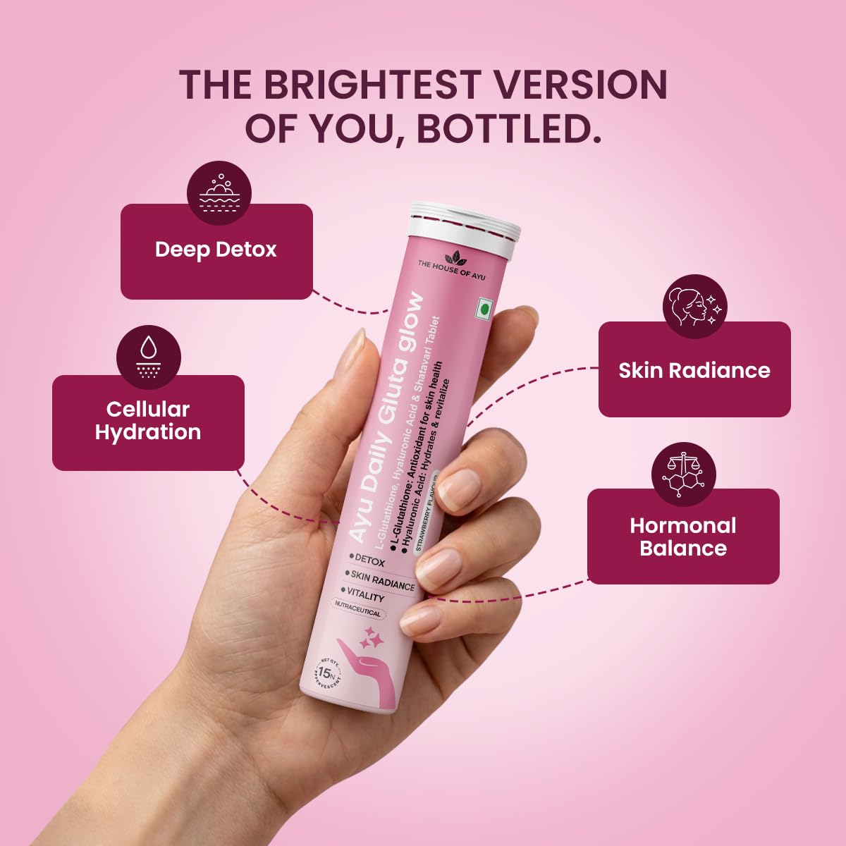 shatavari glutathione AYU Daily Gluta Glow Effervescent Tablets for Skin Brightening & Hydration  | L-Glutathione, Hyaluronic Acid,Shatavari & Vitamin C | Strawberry Flavour
