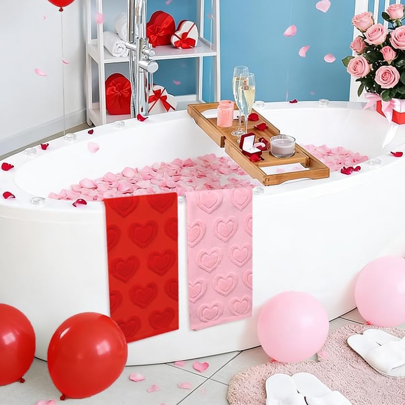 2PCS Valentine’s Day Hand Towels,Red Pink Love Heart Bath Towels Set 100% Cotton Decorative Soft Absorbent for Holiday Decorative Cooking Cleaning Drying 13.7 x 29.5 Inch - Image 6