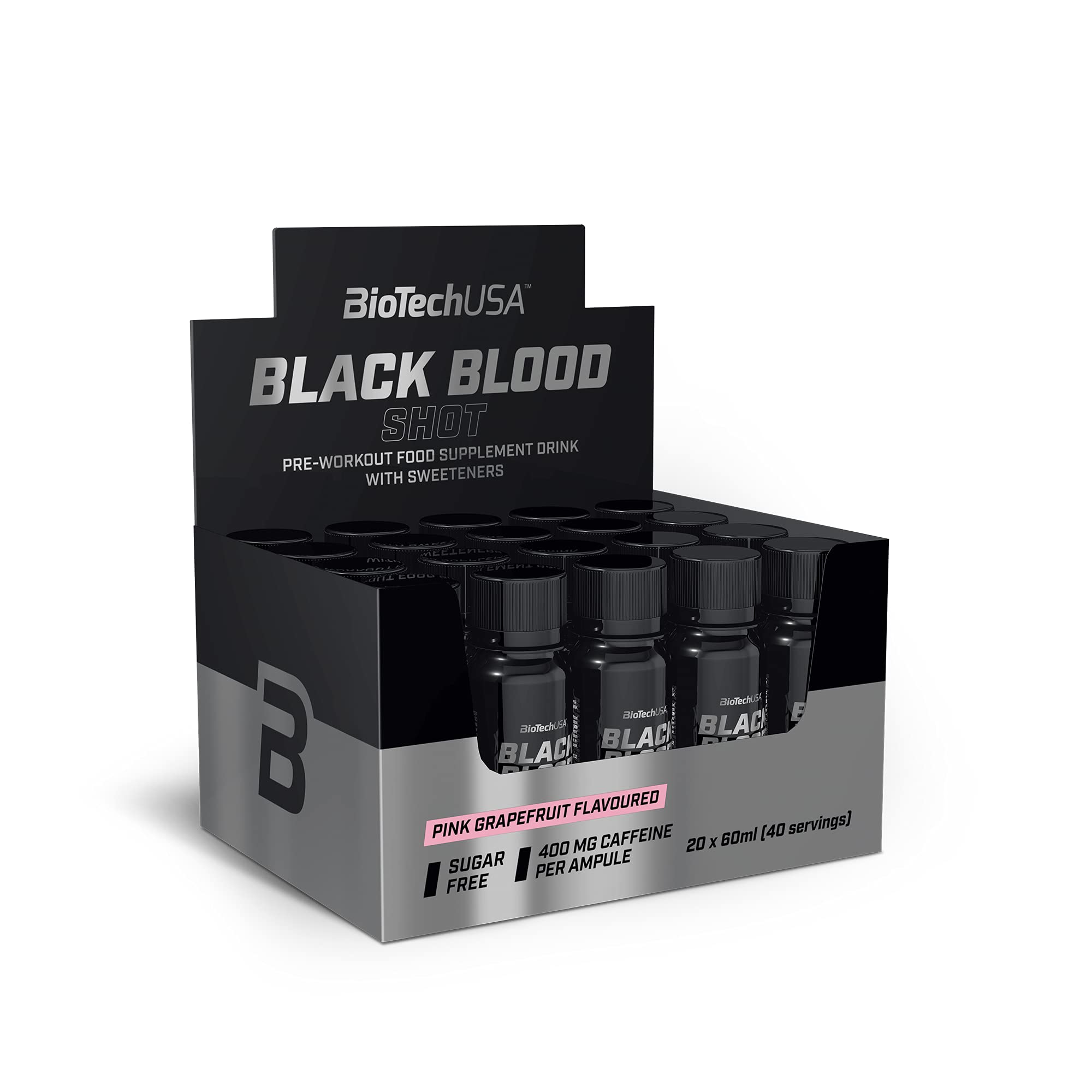 BioTechUSA Black Blood Shot | Formule de pré-entraînement sans sucre | 5 ingrédients actifs | 400 mg de caféine | Ampoules prêtes à boire | 20 * 60 ml | Pamplemousse rose