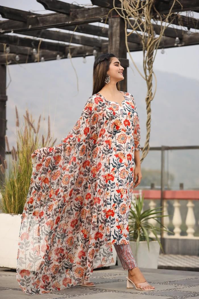 Leriya Fashion Floral Dresses For Women & Straight Kurtis, Kurta Set With Dupatta For Women (Large, White)