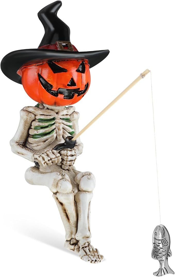 LemonRoad Halloween Fishing Skeleton Figurine Decoration, Pumpkin