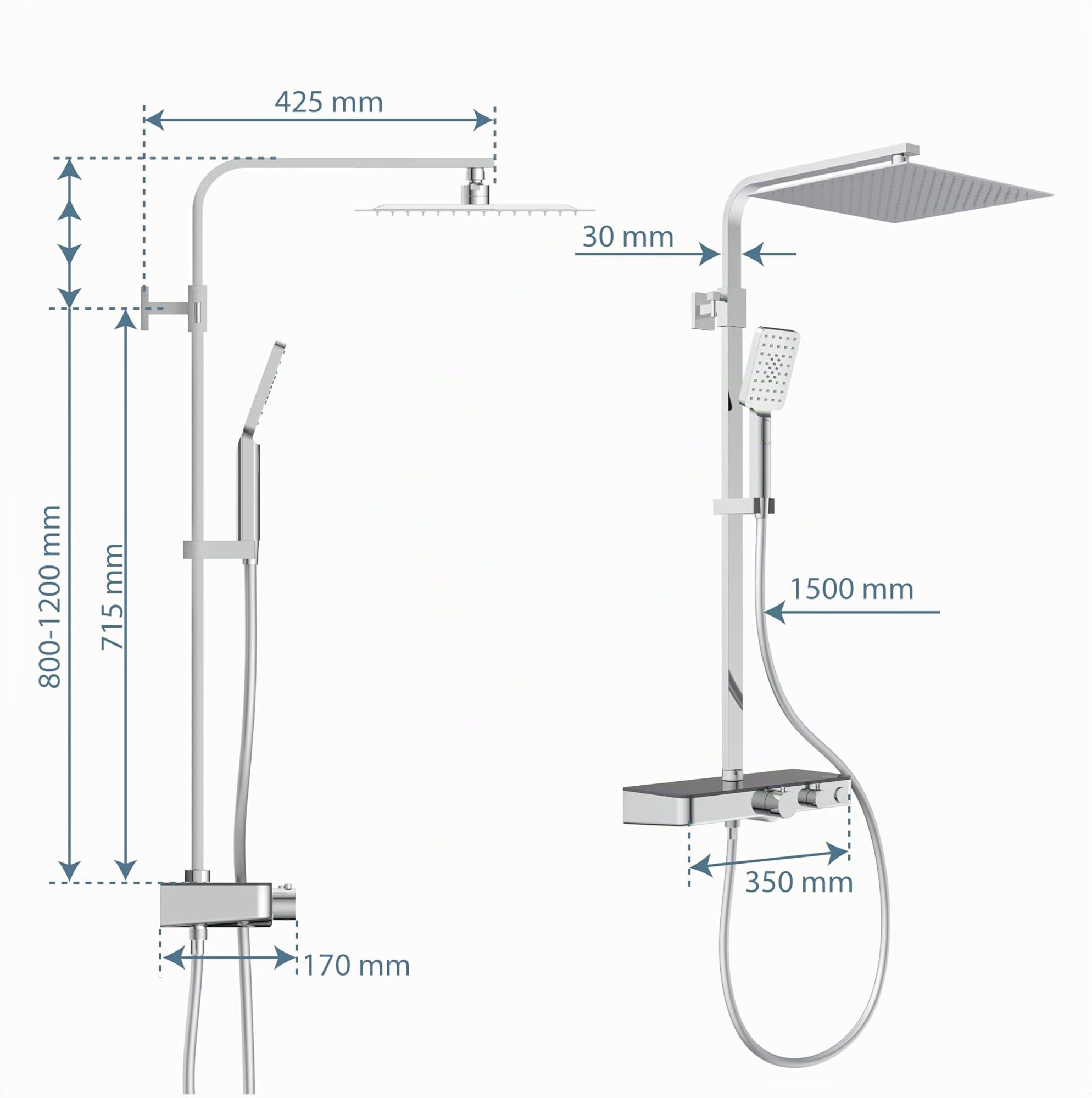 Schütte Sistema termostato e ripiano in Vetro – Set 30 x 30 cm, Pioggia con Supporto a Parete e soffione – Pannello Colonna Doccia in Cromo 60531, Cromato/Antracite, 350 x 1200 x 520 mm