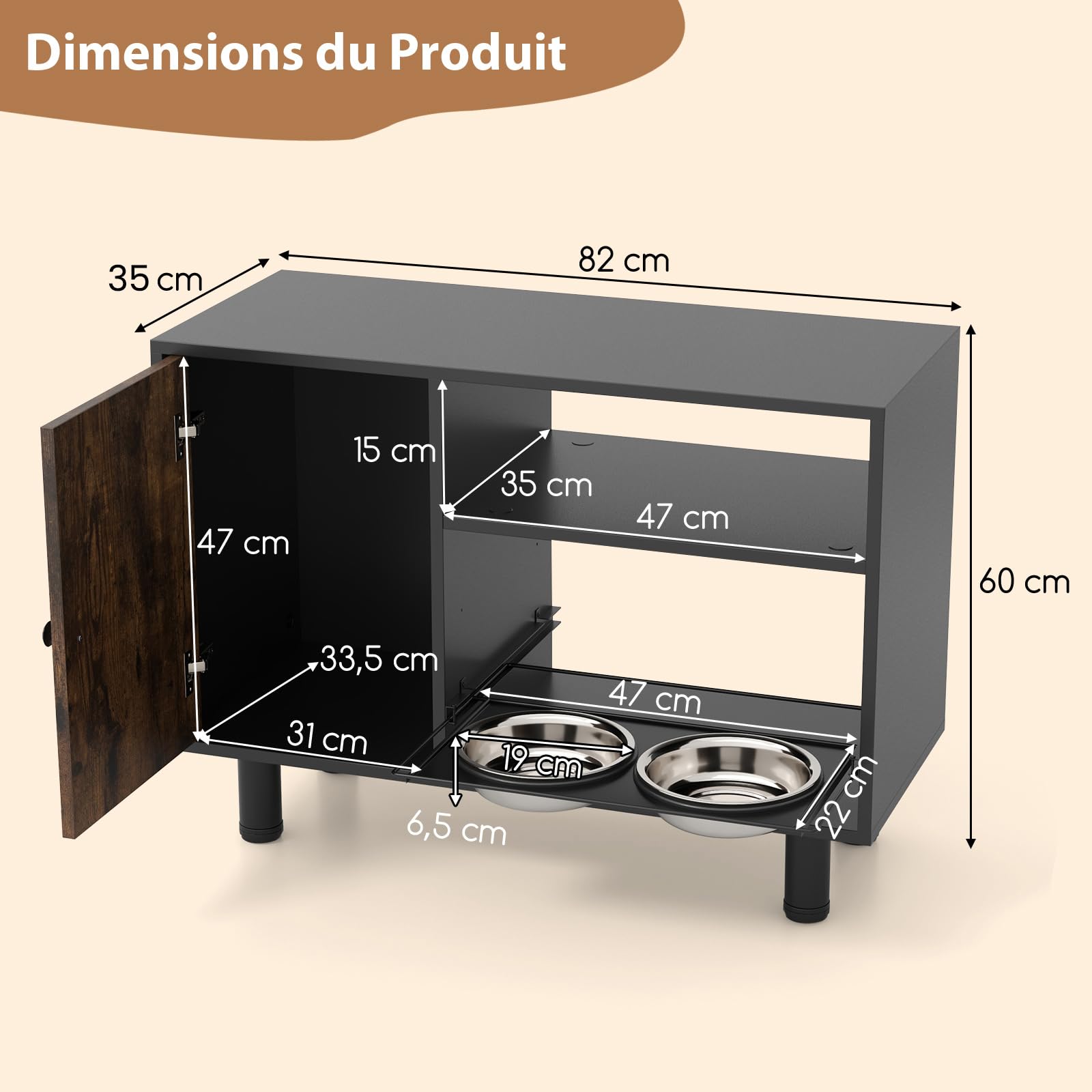 COSTWAY Station d'alimentation pour Chien, Meuble de Rangement pour Chien Élevée, 2 Gamelle Surélevés en Acier Inoxydable, Pieds Ajustables, Gamelle Eau Chien Surélevés