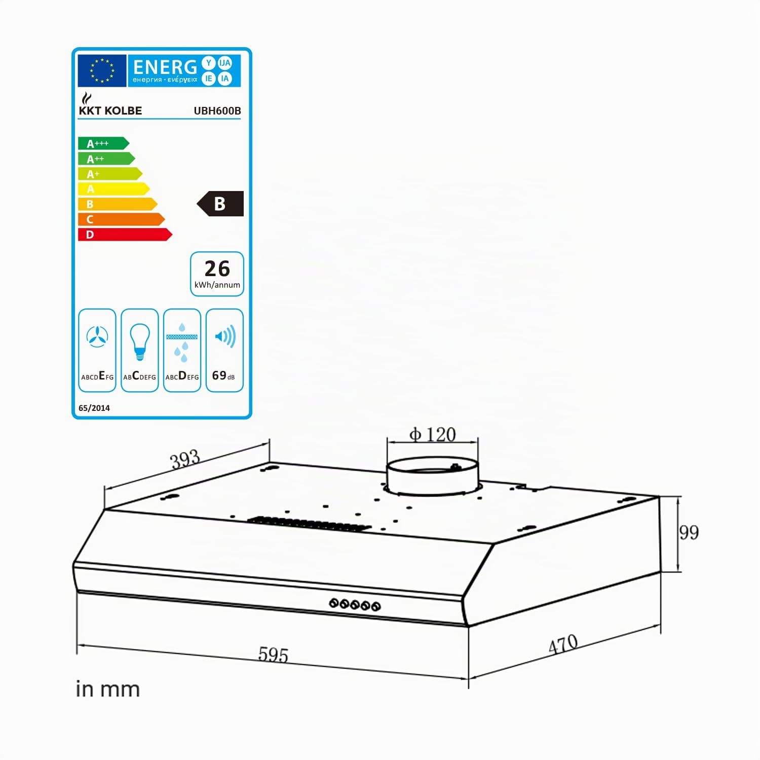 KKT KOLBE | Cappa aspirante 60 cm | Cappa sottopensile | Cappa da incasso | Acciaio inox | Nero | 3 livelli di potenza | Comando a pulsante | Scarico aria | UBH600B