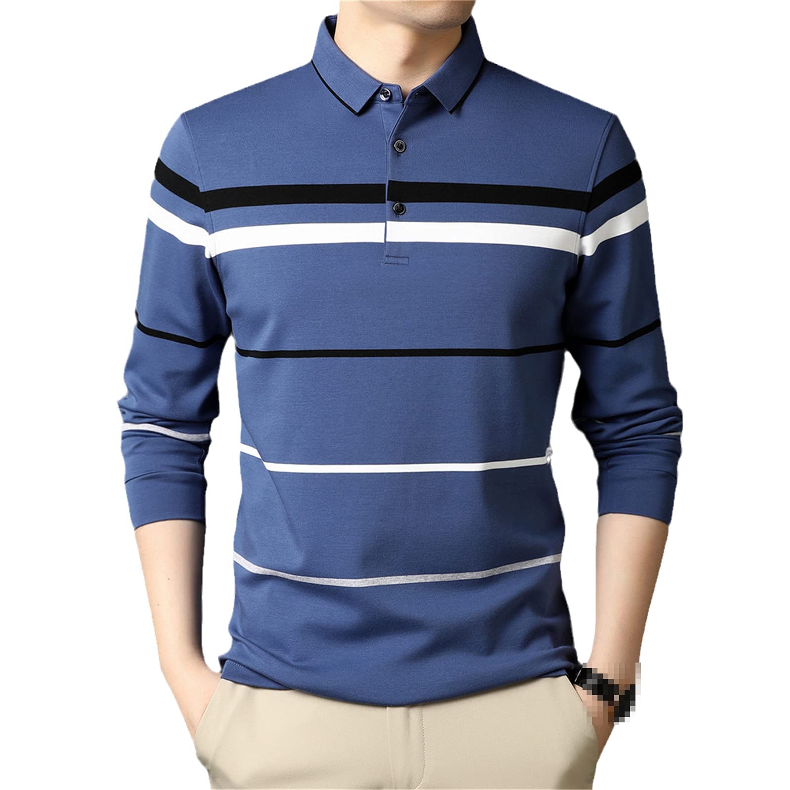 Herbst Business Casual Mode Streifen Langarm Weiche Baumwolle Knopf Poloshirt Herren Kleidung, blau, S