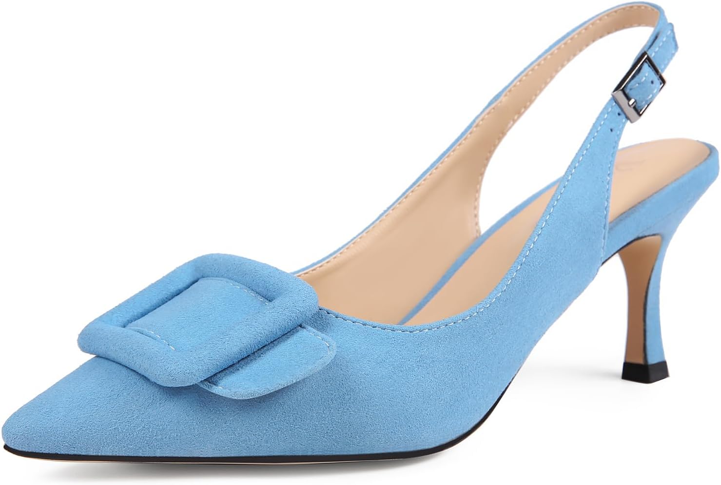Womens Slingback Kitten Heels Closed Pointed Toe Sling Back Pumps Square Buckle Wedding Party Casual Dress Shoes