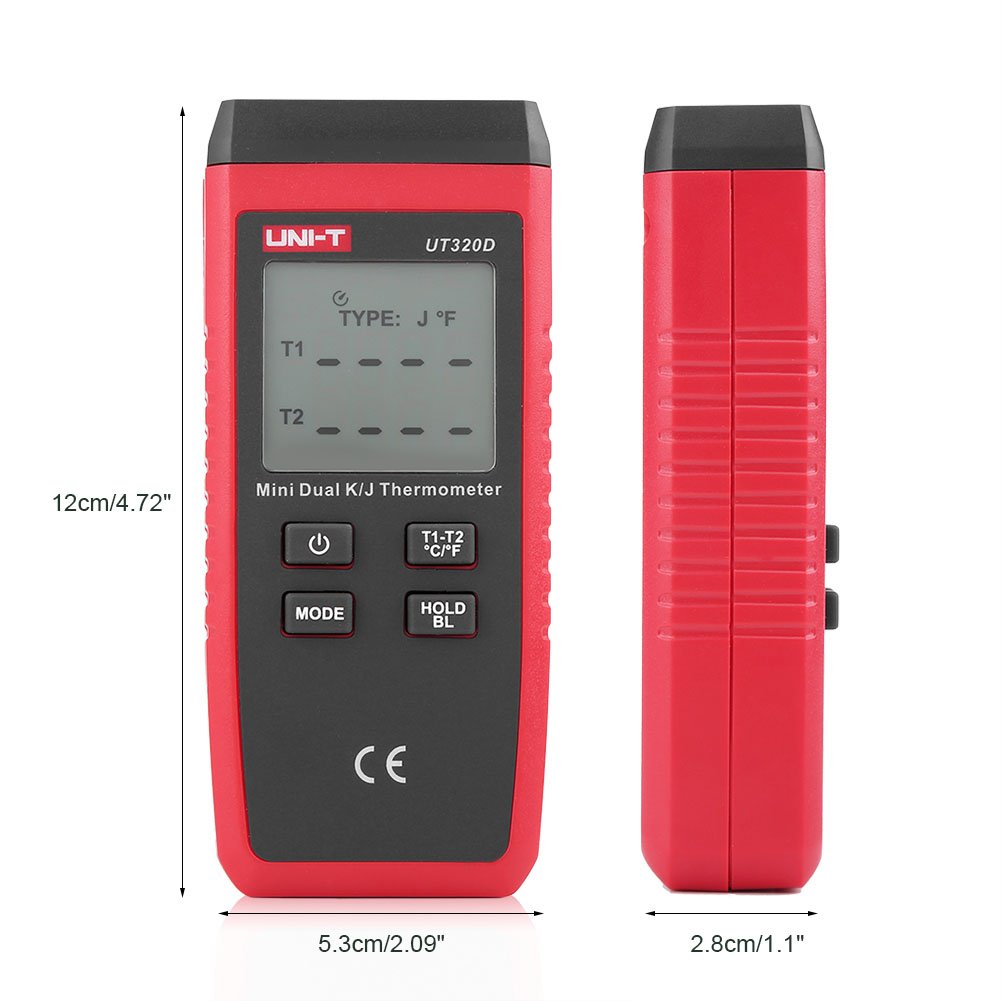 Fdit Termometro Digitale K/J termocoppia, UT320A UT320D -50 ℃ -1300 ℃ Termometro con Display LCD C/F Retroilluminazione(UT320D)