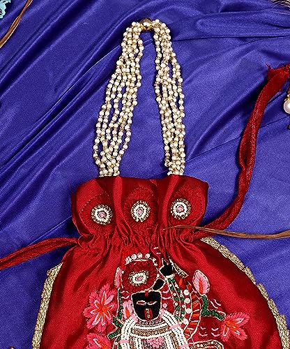 GLAMHUB Q-One Embellished Silk Potli Bag with Protective Bag, Handbag, Wristlets, Clutch for Women, Girls with Handmade Embroidery, Beads Work for Parties, Weddings - Image 6