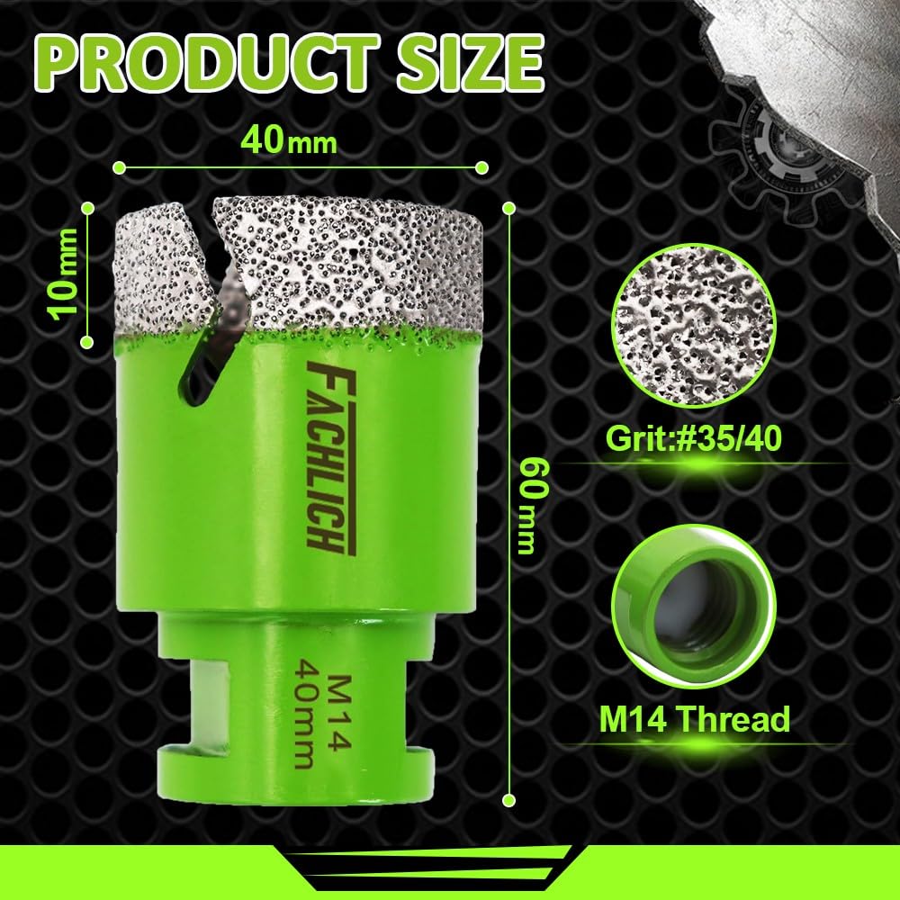 Broca de Diamante 40MM Vacío Soldadura para Perforación en Seco Porcelana Azulejo Granito Mármol M14