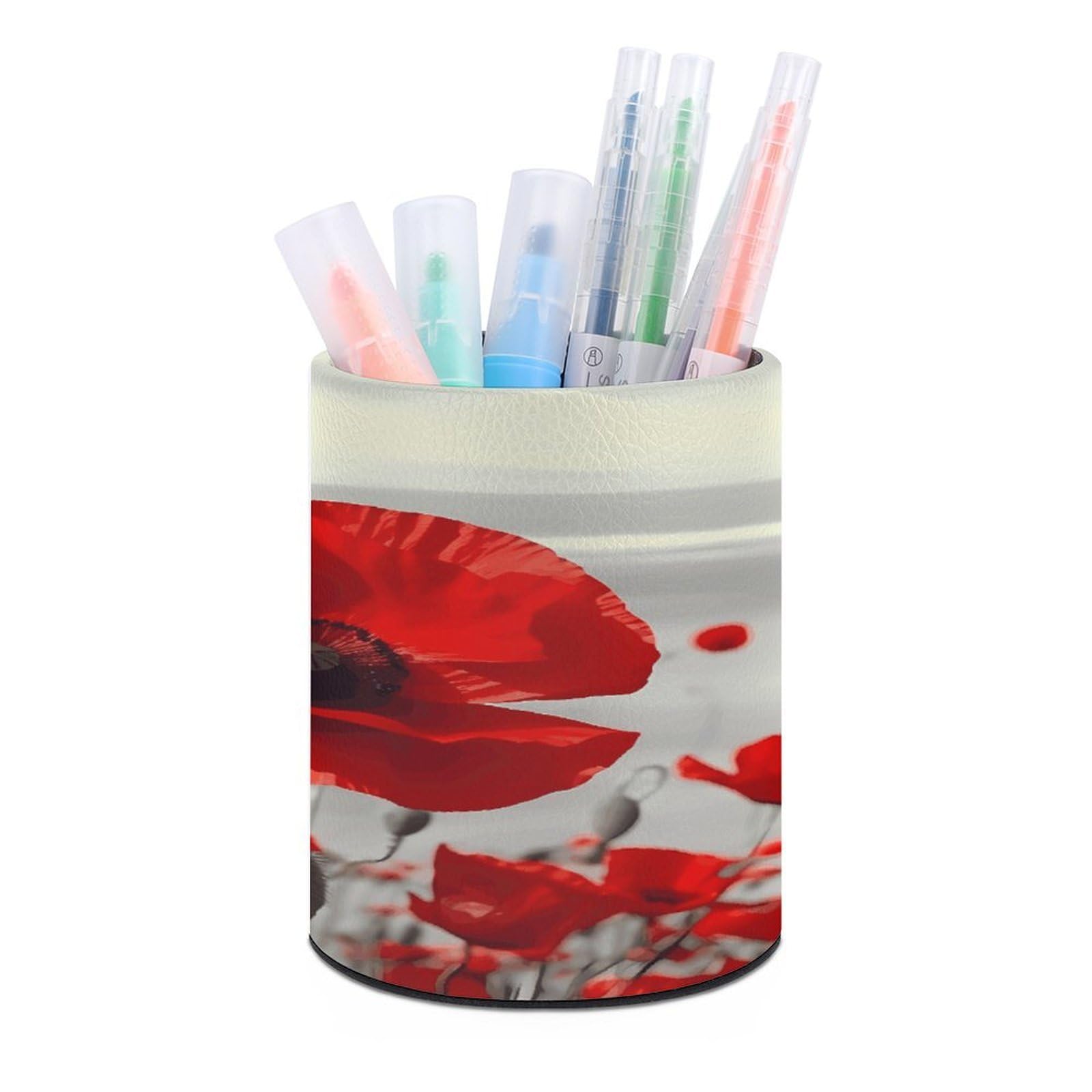 VstaDank Red Poppy Flower Pen Holder Leather Pencil Cup Round Pencil Holder for Desk Organizer Personalized Pen Cup Fashion Pen Organizer Makeup Brush Holders for Office Home&Gift
