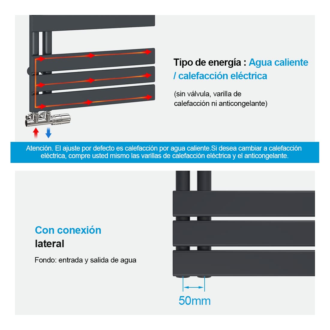 Heilmetz - Radiatore elettrico per asciugamani, 500 x 1176 mm, design a tubo piatto, lato riscaldante su un lato, colore: antracite, perfetto per il bagno