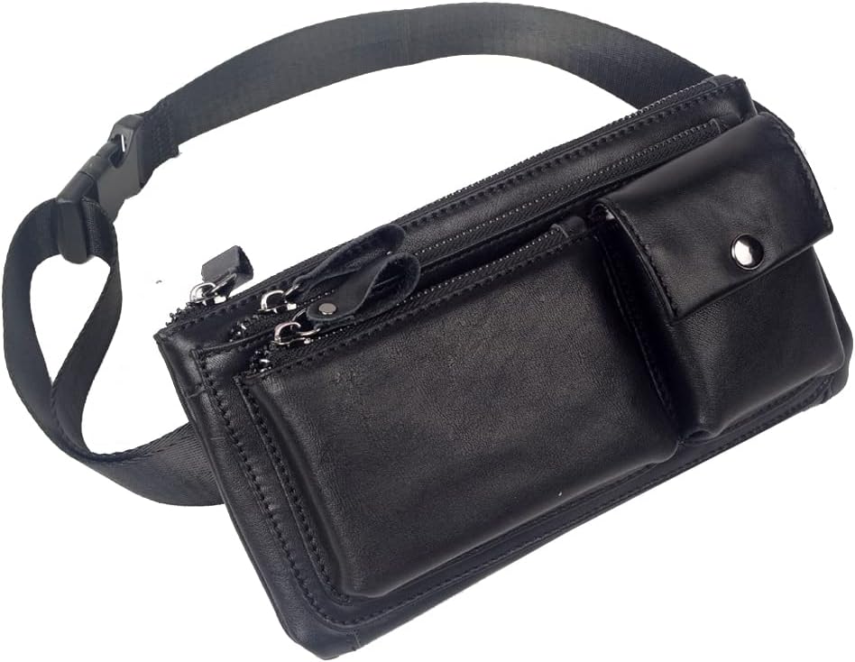 KPYWZER Vintage Leather Waist Bag Fanny Pack for Men Women Hip Bum Bag Belt Slim Cell Phone Purse Wallet Vintage Retro Crossbody Sling Pouch Black