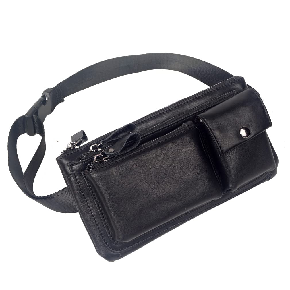 KPYWZER Vintage Leather Waist Bag Fanny Pack for Men Women Hip Bum Bag Belt Slim Cell Phone Purse Wallet Vintage Retro Crossbody Sling Pouch Black