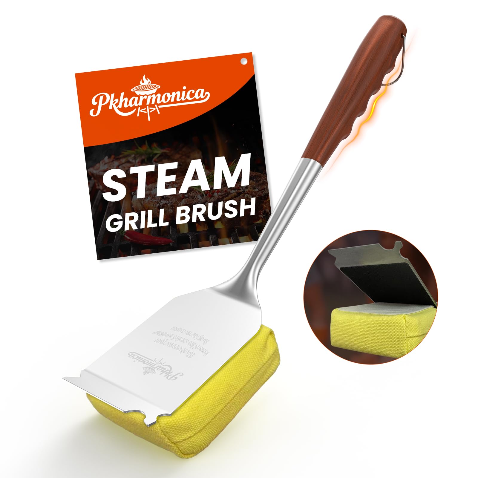 Grill Brush Bristle Free w/Replaceable Yellow Head, Enamel Safe, 17" Long Handle Grill Cleaner for Outdoor BBQ & Griddle, MAX Stainless Steel Scraper, Corner Reach for Cast Iron Steel