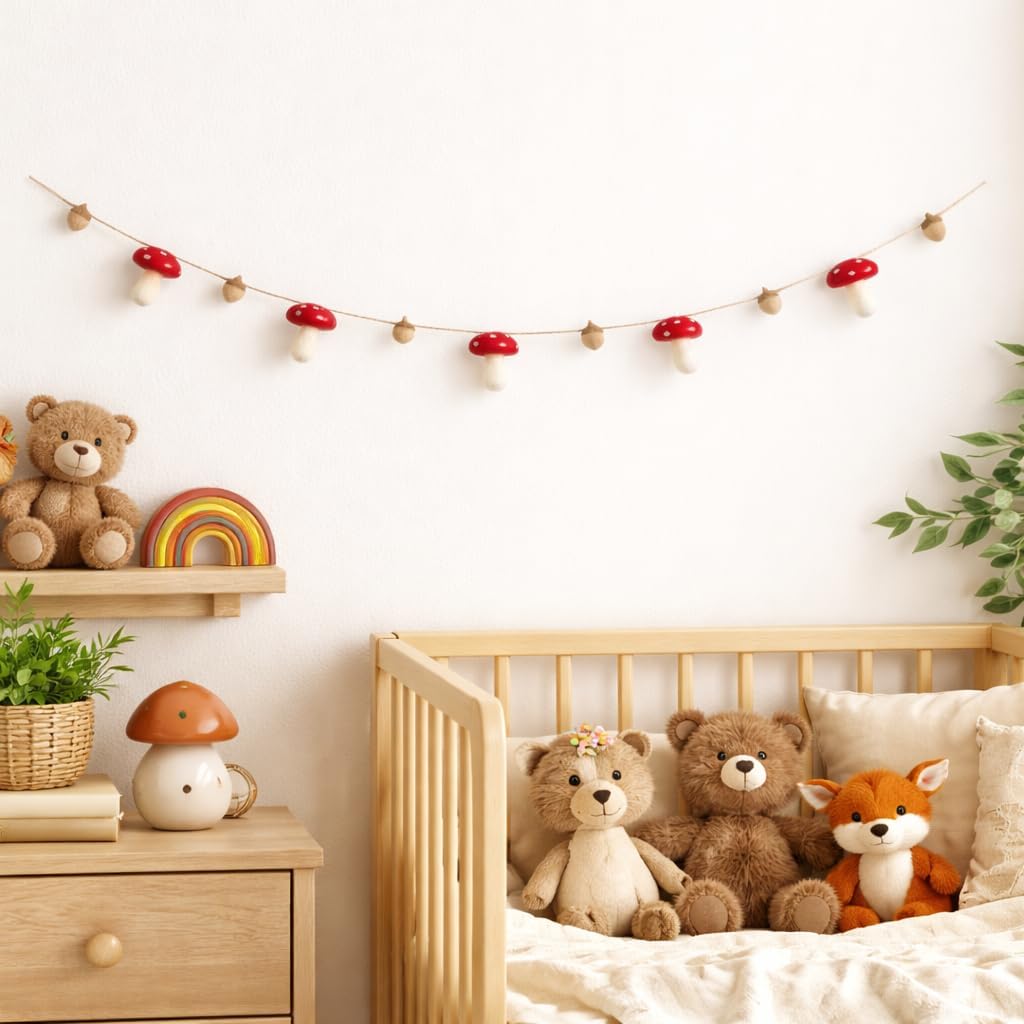4ft Handmade Felt Mushroom & Acorn Garland, Kids Room Woodland Garland, Camping Garlands for Tent, Kids Room Wall Hanging, Handcrafted Mushroom & Acorn Garlands, Fair-Trade Gift from Nepal