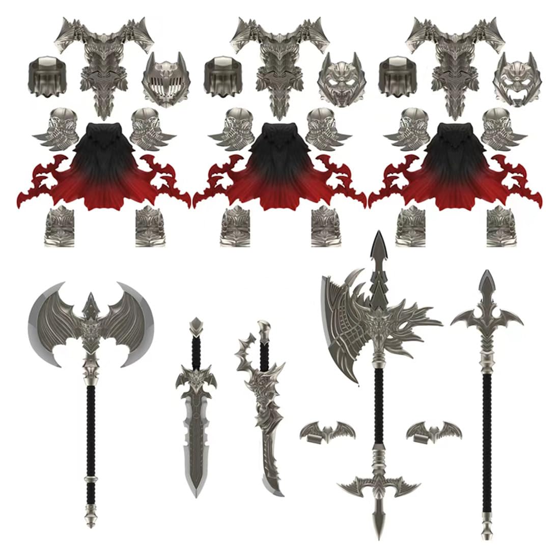 RCstrophex Medieval Weapons Pack, 31PCS Bat Warrior Armor & Weapons DIY Accessories Set Building Blocks with Helmets, Cloak & Weapons, Compatible with Major Brands