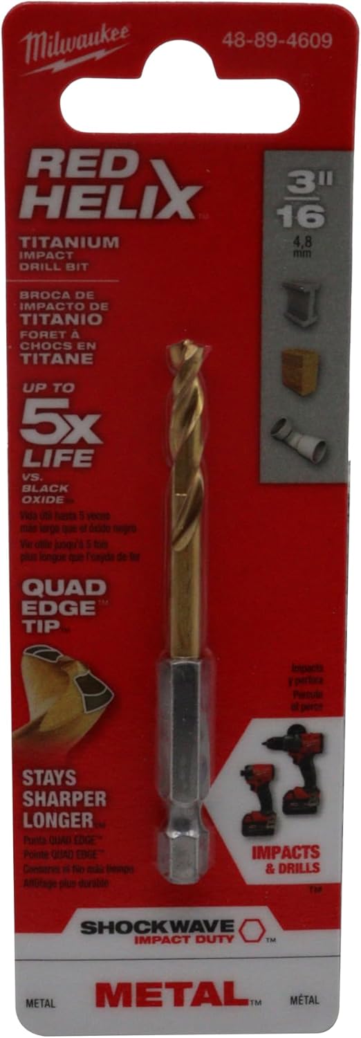 Milwaukee Electric Tool 48-89-4609 Impact Drill Bit, 3/16" Diameter x 3" L, 1-1/8" 35 Degree Helix Flute, 1/4" Hex Shank, 135 Degree
