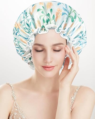 Miniatura 4 de Aquior Gorro de ducha para mujer, gorro de ducha reutilizable de doble capa, impermeable, para mujeres y niñas, para todas las longitudes de cabello