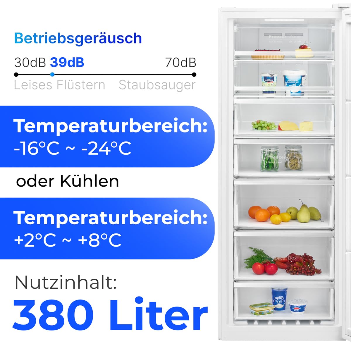 Congelador Bomann® NoFrost - 70 cm de ancho - 2 en 1 - convertible a refrigerador - 186 cm de alto - Clase energética D - Congelador - 5 cajones y 2 compartimentos - - Capacidad de 380 L - GSVS 7365