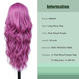 Long Purple Wig for Women 26Inch Wavy Curly Hair Wigs Synthetic Hair Replacement Wig Heat Resistant Hair Wig for Daily Party Use(26\'\' Purple)