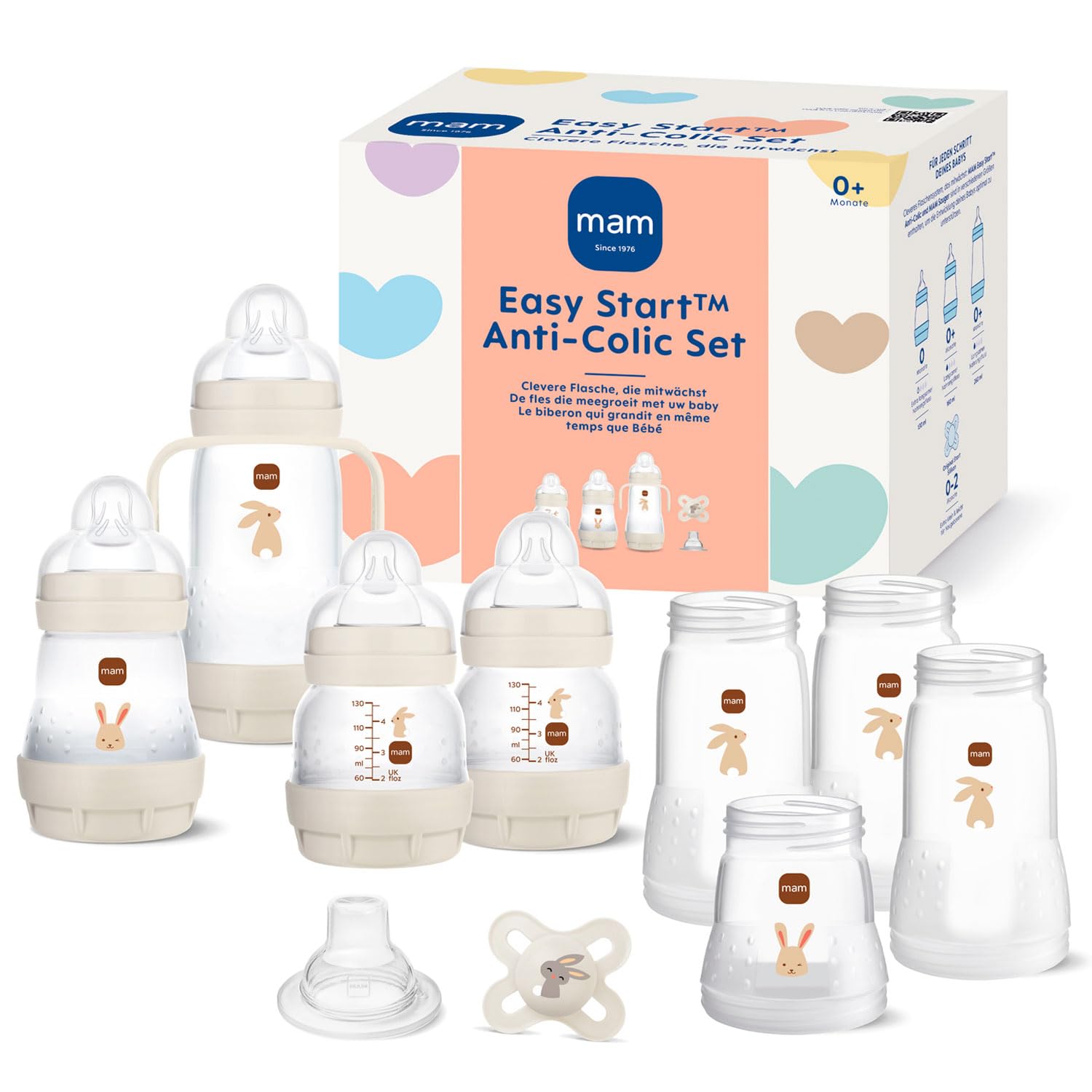 MAM Easy Start Kit de démarrage anti-coliques auto-stérilisant unisexe pour nouveau-né 0 + set de biberons et sucette avec tétines extra petites pour lait maternel, essentiels pour nouveau-né, couleur