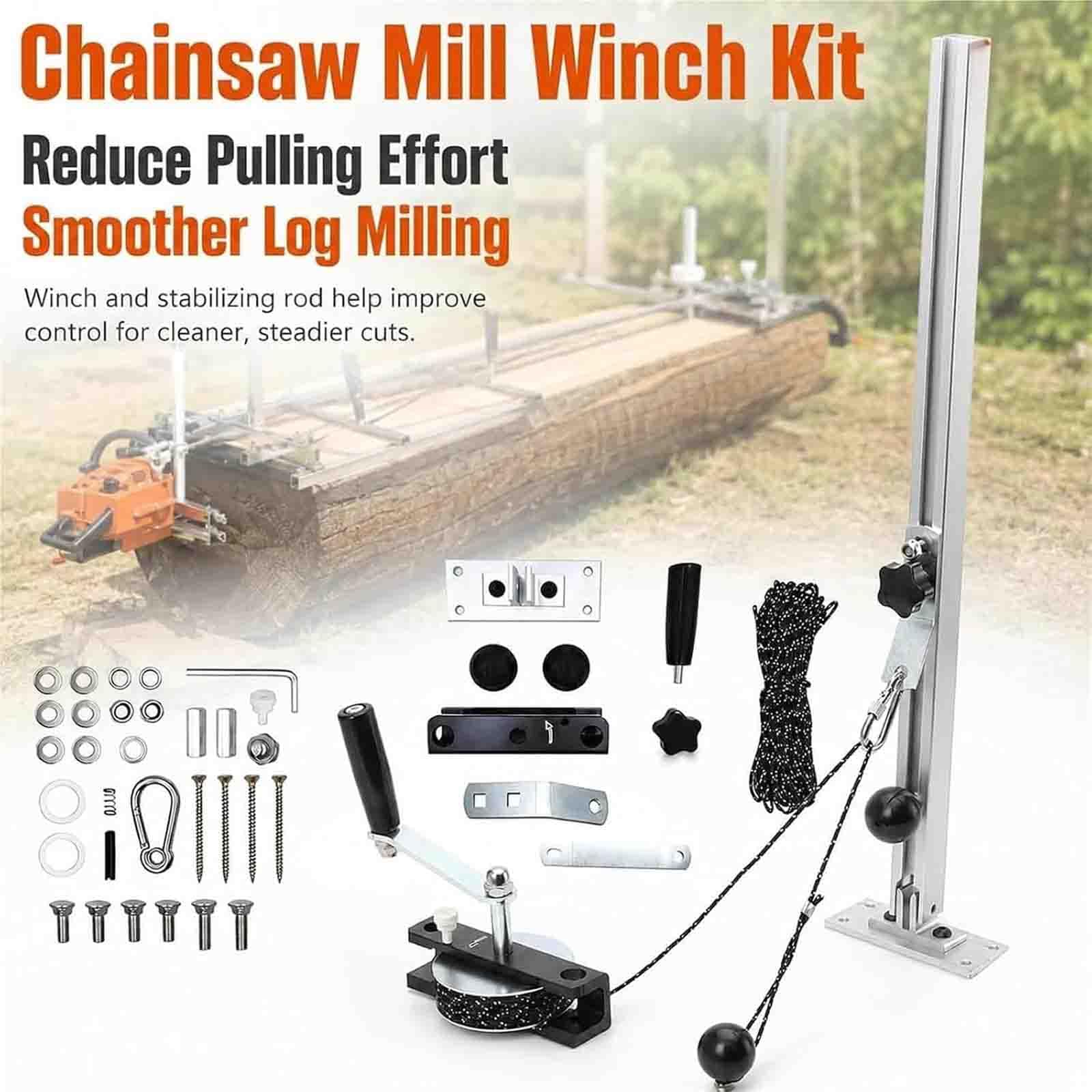Kit de cabrestante para molino de motosierra, para corte de troncos | Accesorios eficientes para motosierras, con cabrestante y varilla estabilizadora ajustable