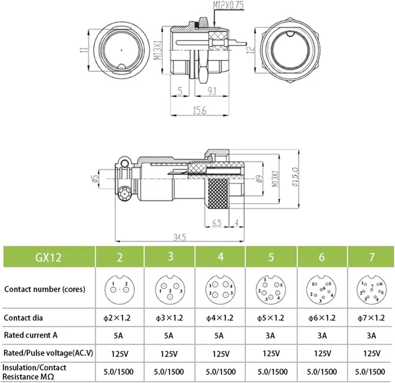 1 Set GX12 nut Type Male and Female Wire Panel Connector 2/3/4/5/6/7 pin 12mm Round Power Aviation Socket and(GX12-3 Nut Type)