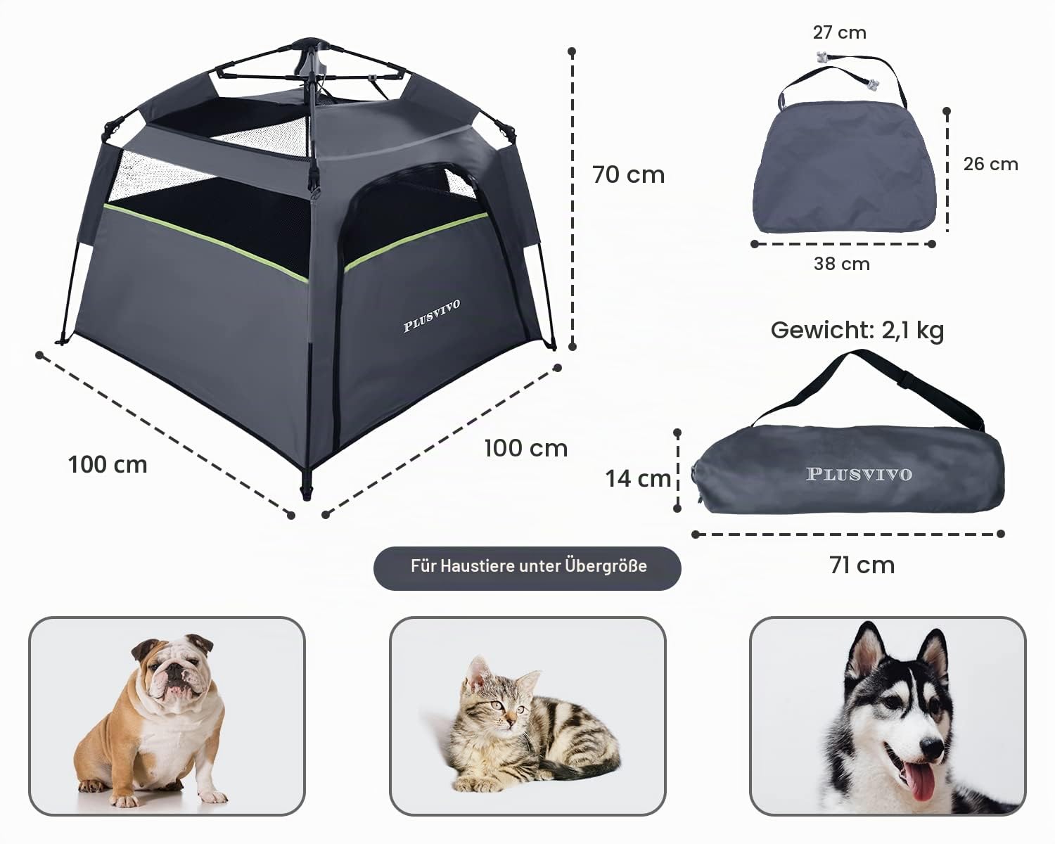 Plusvivo Pop-Up-Hundezelt für große Hunde, 900D, strapazierfähig, Oxford-Material, faltbar, kühles Netzgewebe, Campingzelt, 101.6x101.6x71.1 cm, für drinnen und draußen, Strand ent