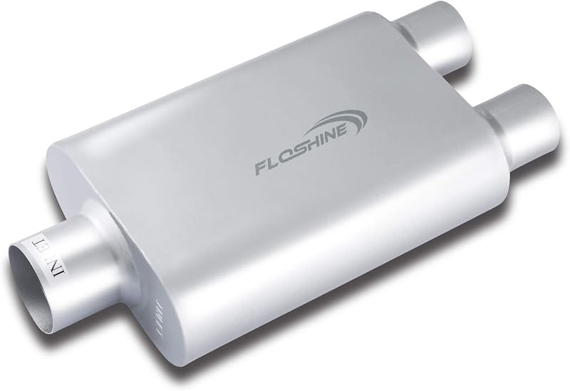 Silencioso esportivo automotivo Floshine de aço aluminizado, entrada central 7,62 cm e dupla saída 6,35 cm – 1 unidade