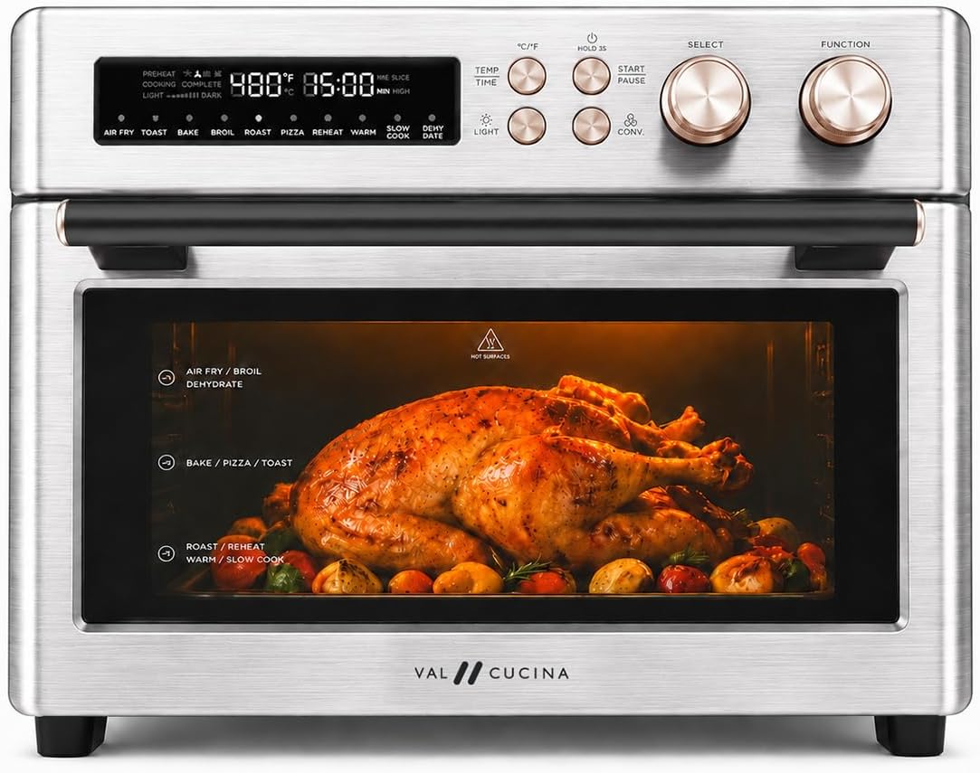 VAL CUCINA Infrared Heating 26.3 QT Air Fryer Toaster Oven, Large Countertop Convection Oven 10-in-1 Combo, 6-Slice Toast, Enamel Baking Pan Easy Clean with Recipe Book, Brushed Stainless Steel Finish