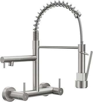 Wall Mount Kitchen Faucet with Pull Down Sprayer, Stainless Steel 8 Inch Center Commercial Sink Faucets 2 Handle Utility Sink Tap High Arch for Kitchen Laundry Restaurant, Brushed Nickel