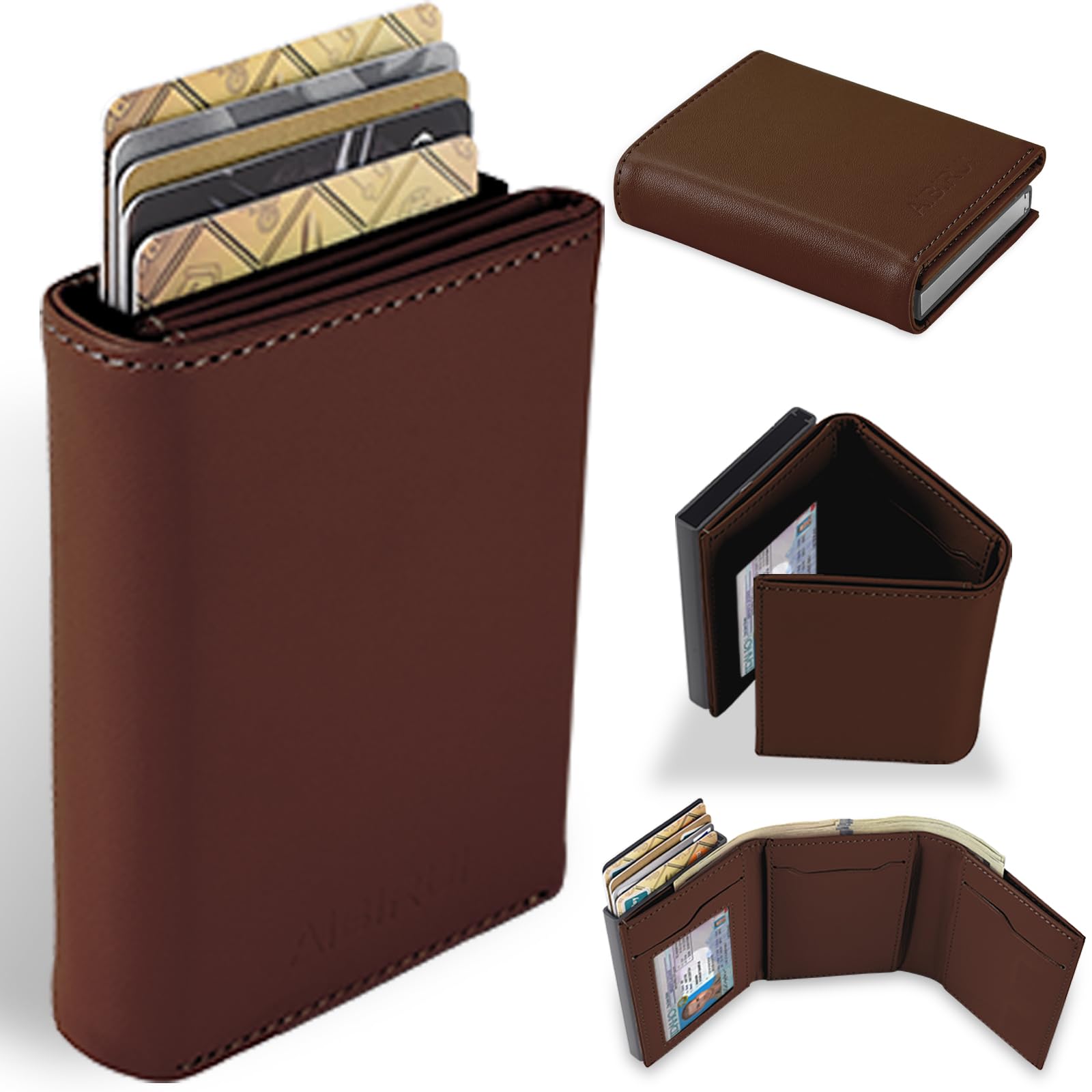 Aibirui Pop Up Wallet for Men, Leather & Aluminum-Trifold Wallet for Men, Holds 12 Cards,20 Bills,Coins, ID Window, Functional & Minimalist Wallet,