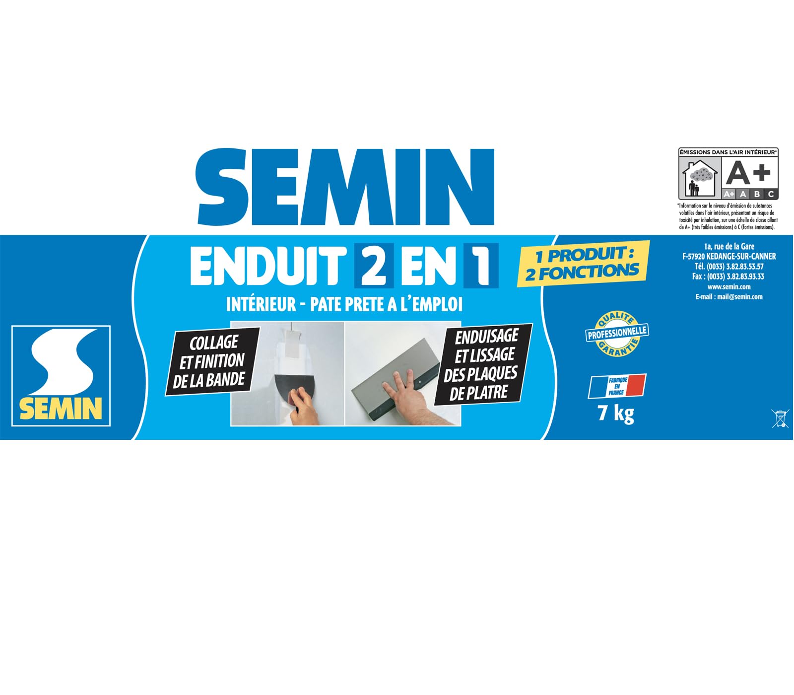Semin A06057 Enduit 2 en 1 Multifonctions - Joint et Lissage Plaque de Plâtre, Intérieur, Seau de 7 kg, A06570 Couteau à Enduire, 15 cm et A06318 Lame CE 78 pour Enduire et Lisser, 15 cm