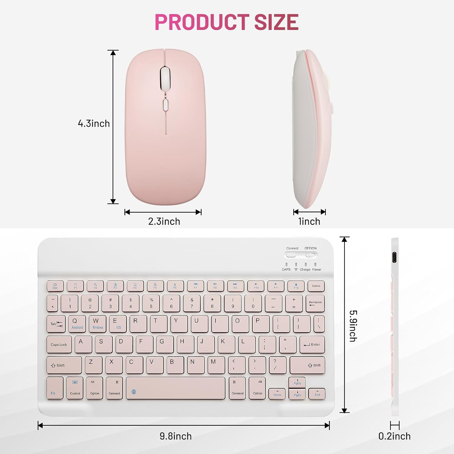 Bluetooth Keyboard and Mouse Combo Rechargeable Portable Wireless Keyboard Mouse Set for Apple iPad iPhone iOS 13 and Above Samsung Tablet Phone Smartphone Android Windows (10 inch Pink)