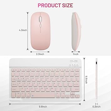 Bluetooth Klavye ve Fare Combo Şarj Edilebilir Taşınabilir Kablosuz Klavye Fare Seti Apple iPad iPhone iOS 13 ve üzeri Samsung Tablet Telefon Akıllı Telefon Android Windows için (10 inç Pembe)