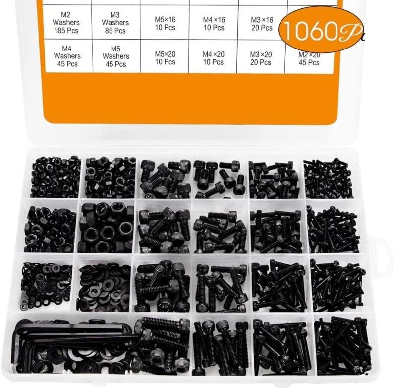 DLLTEC Cqinlu-Hex Bolts 1060pcs M2 M3 M5 M4 Hex Socket Screw Set Carbon Steel Flat Round Cap Head Screws Bolts and Nuts Assortment Kit with Box, Excellent Corrosion Resistance